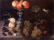 Georg Flegel Still life of grapes on a pewter dish,together with peaches,nuts,a glass roemer and a silver tazza containing apples and pears,and a blue-tit Sweden oil painting reproduction
